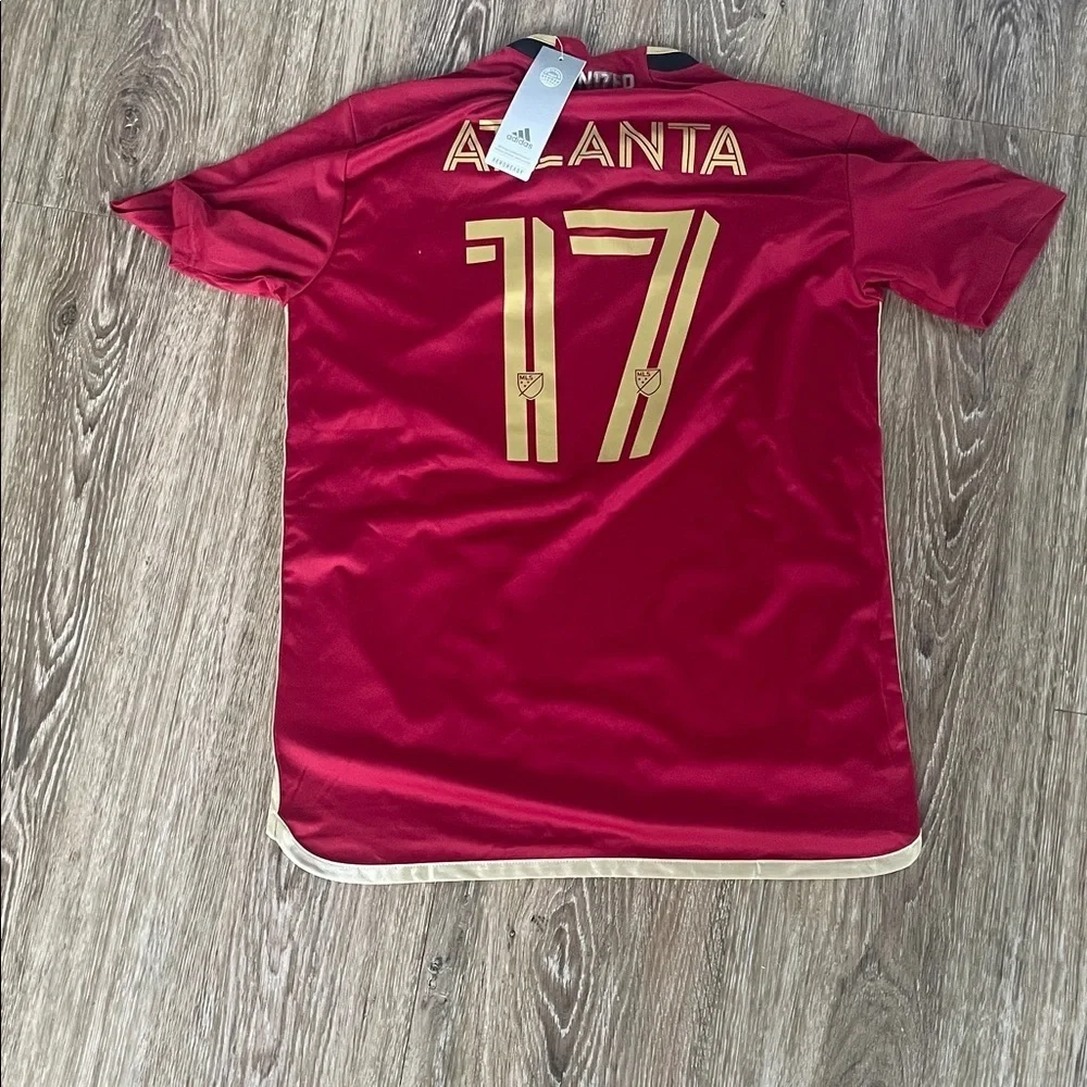 NWT Adidas ATL Atlanta United Red, Black Striped Soccer Jersey, Gold Accents SM